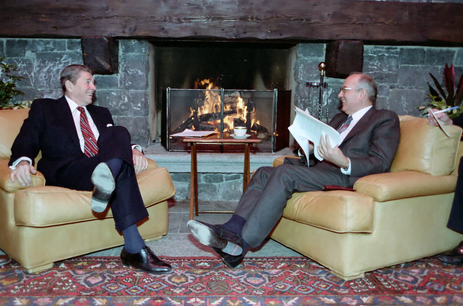 Reagan and Gorbachev seated together at the Geneva summit in November 1985.